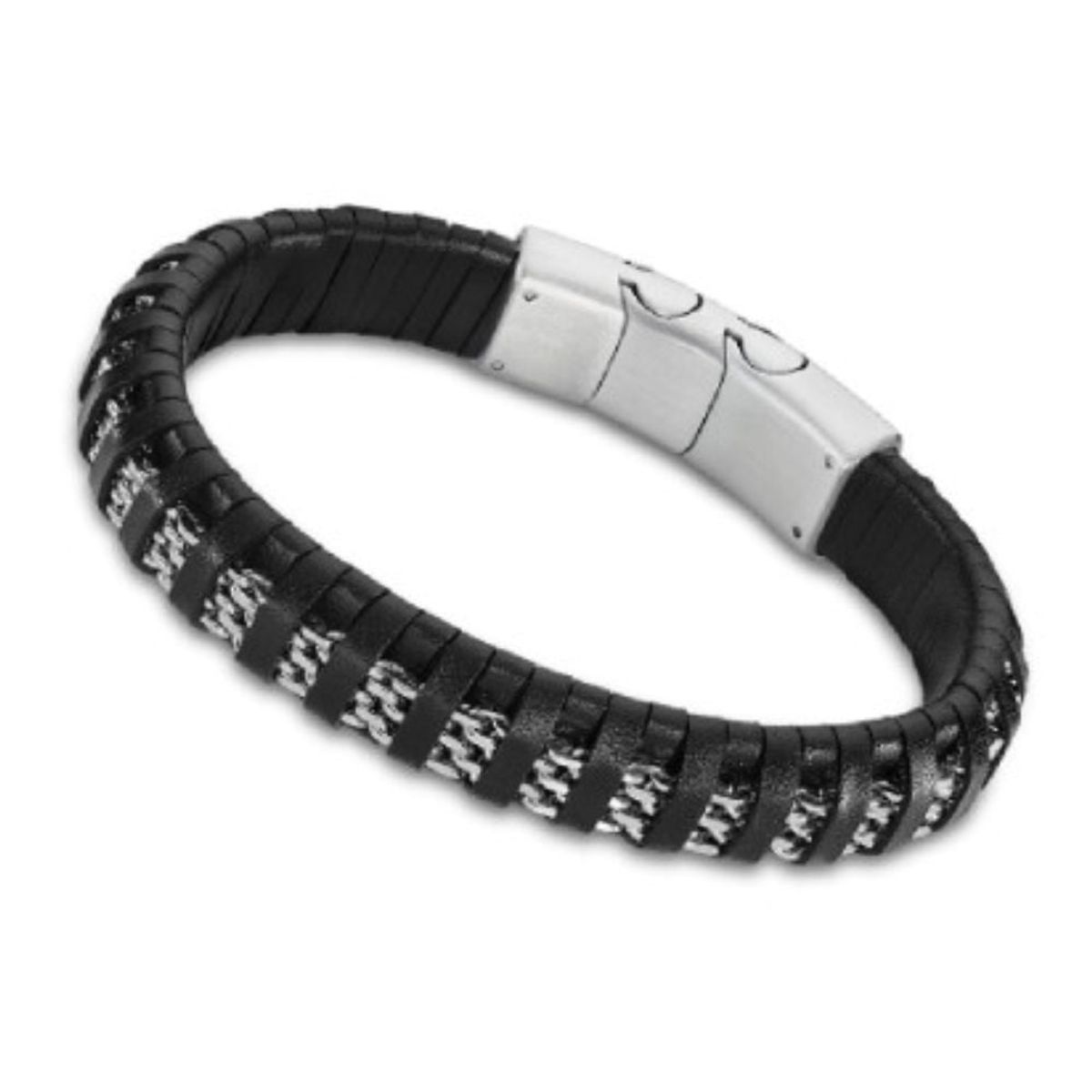 GENERICO - Pulsera de doble cadena cuero genuino trenzado para hombre color negro