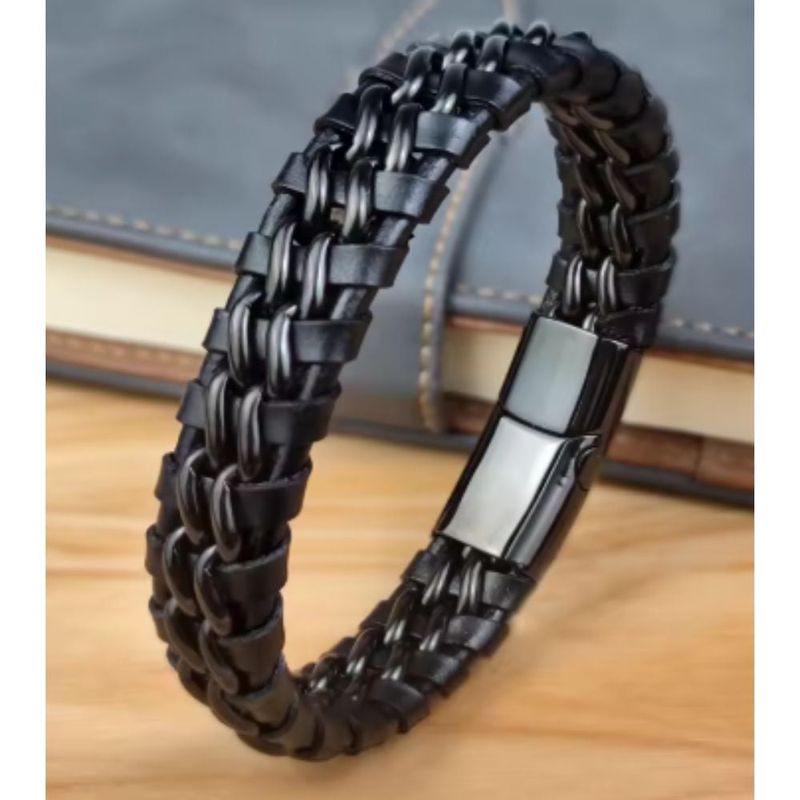 GENERICO - Pulsera de doble cadena cuero genuino trenzado para hombre color negro