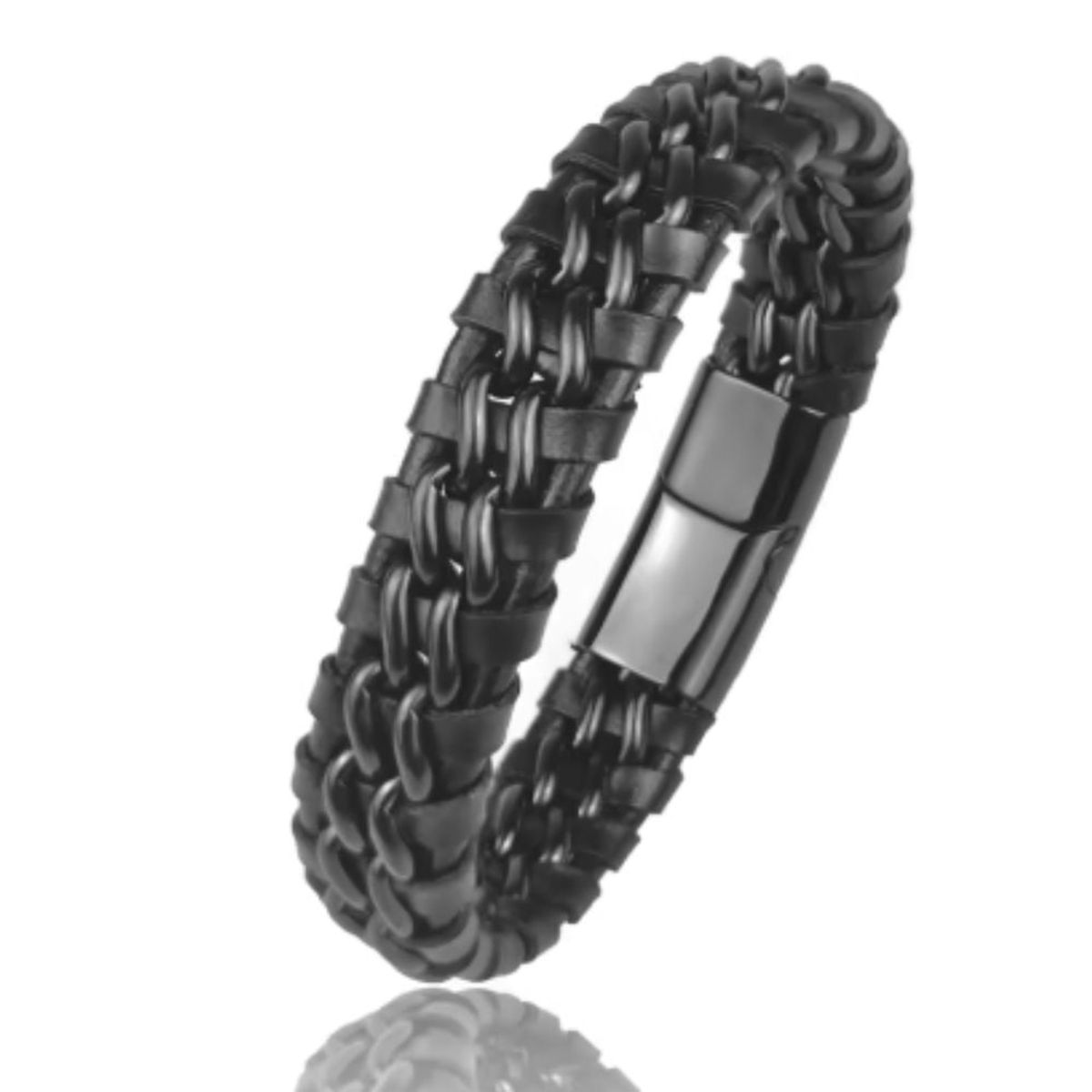 GENERICO - Pulsera de doble cadena cuero genuino trenzado para hombre color negro