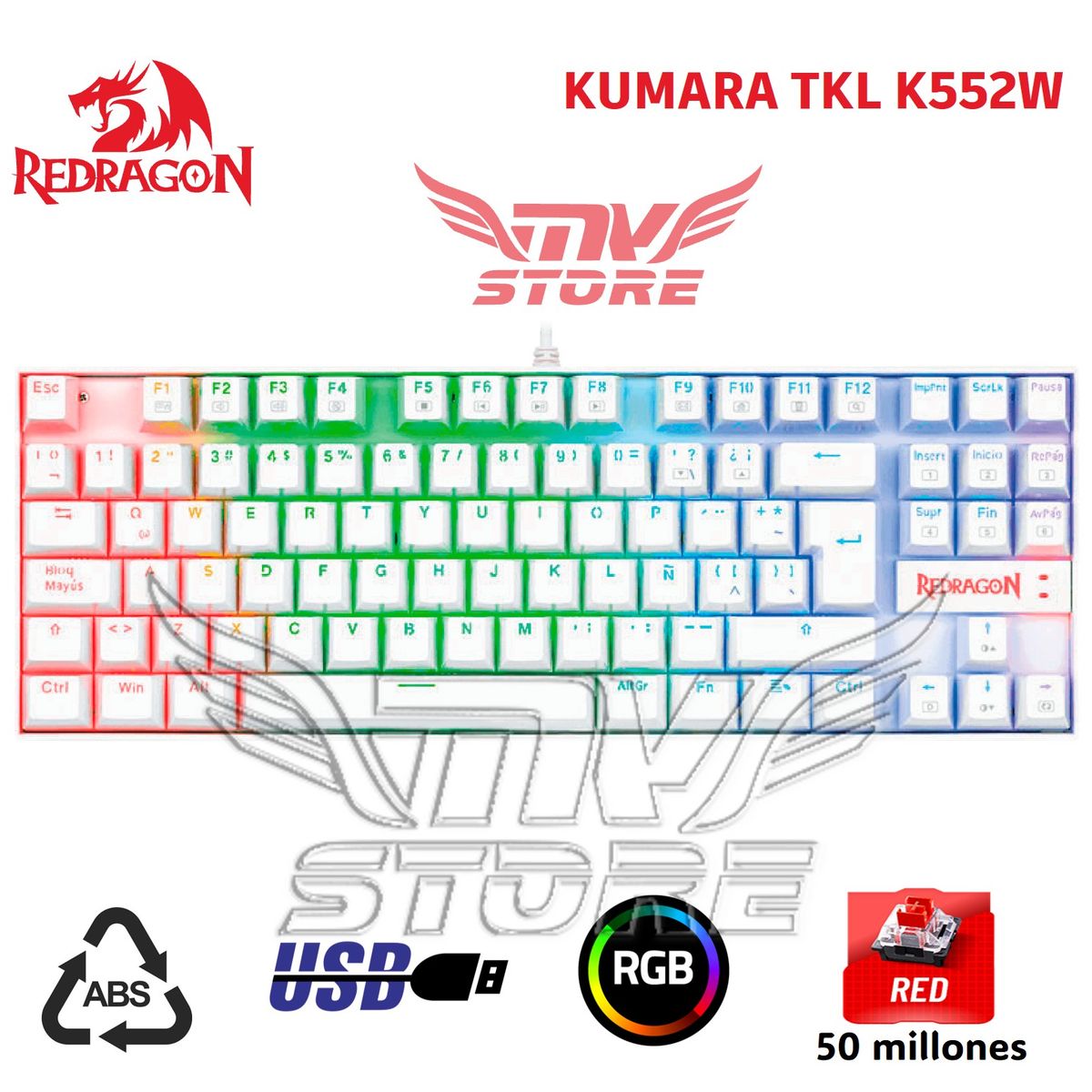 REDRAGON - Teclado Mecanico Redragon Kumara TKL K552 Blanco Español K552W