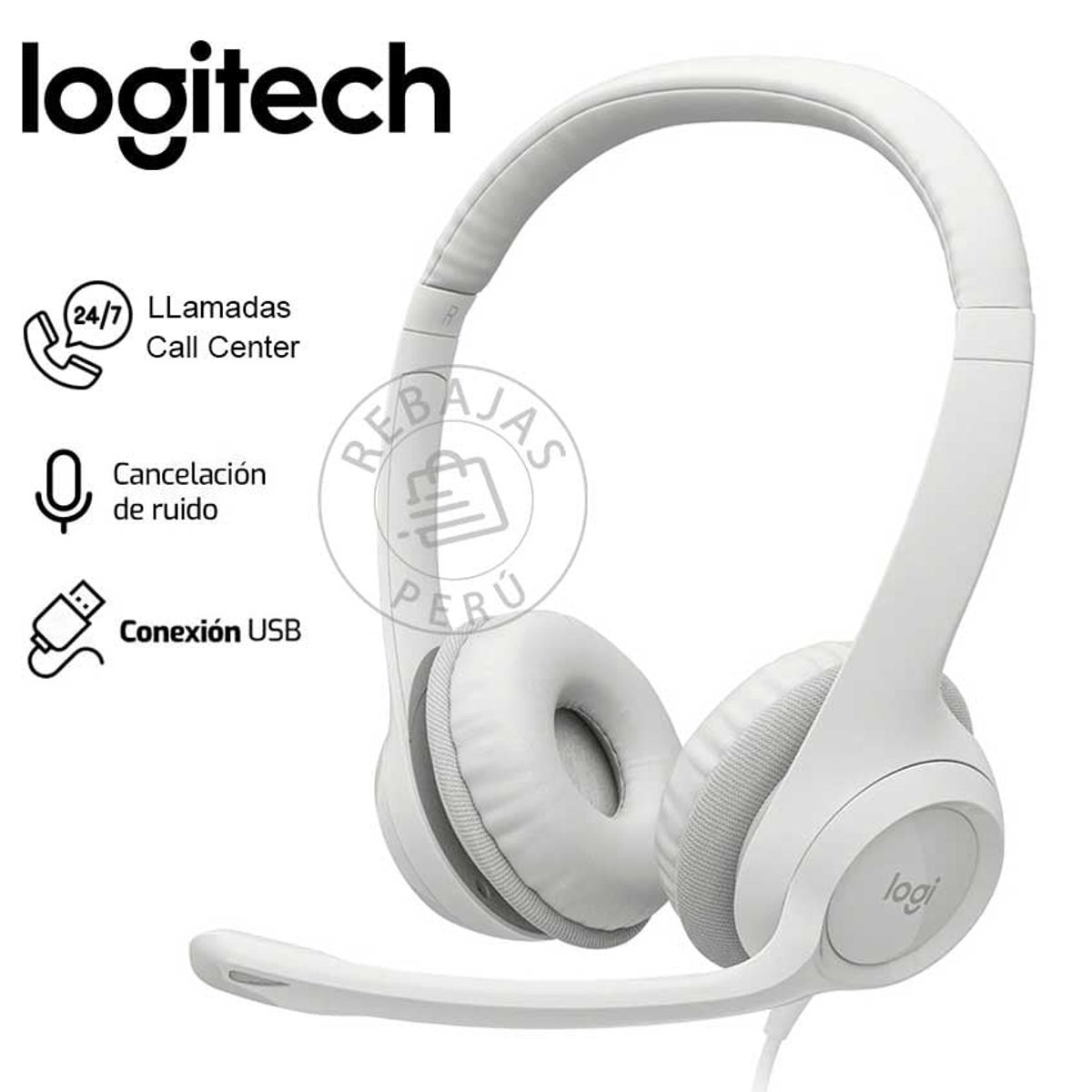 LOGITECH - Logitech H390 Blanco Auriculares USB con Micrófono Ajustable y Confort
