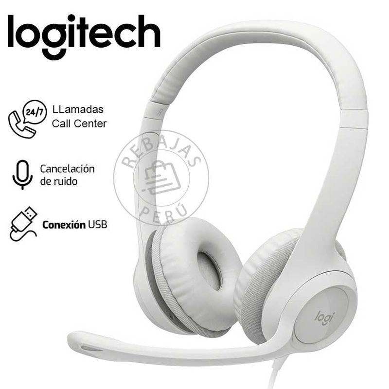 LOGITECH - Logitech H390 Blanco Auriculares USB con Micrófono Ajustable y Confort