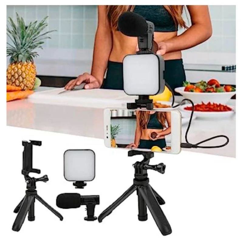 GENERICO - KIT DE GRABACIÓN TRIPODE MICRÓFONO LUZ LED CONTROL MODELO PRIME