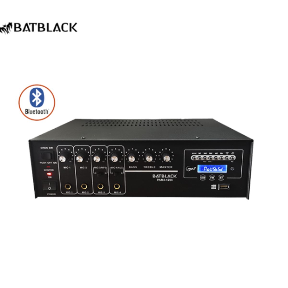 BATBLACK - Amplificador de audio 120W 4 canales de micrófono USB/FM/AUX/BLUETOOTH