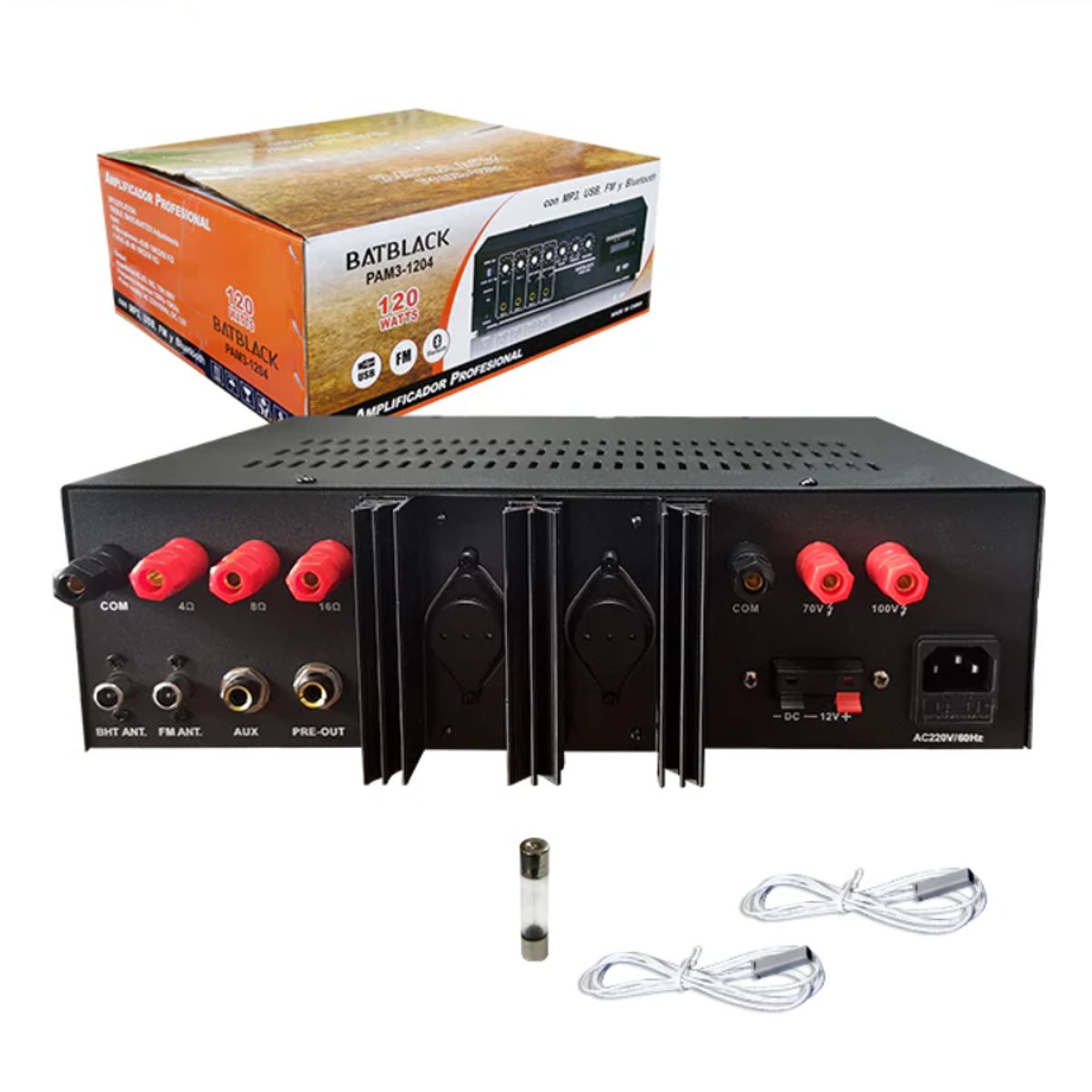 BATBLACK - Amplificador de audio 120W 4 canales de micrófono USB/FM/AUX/BLUETOOTH