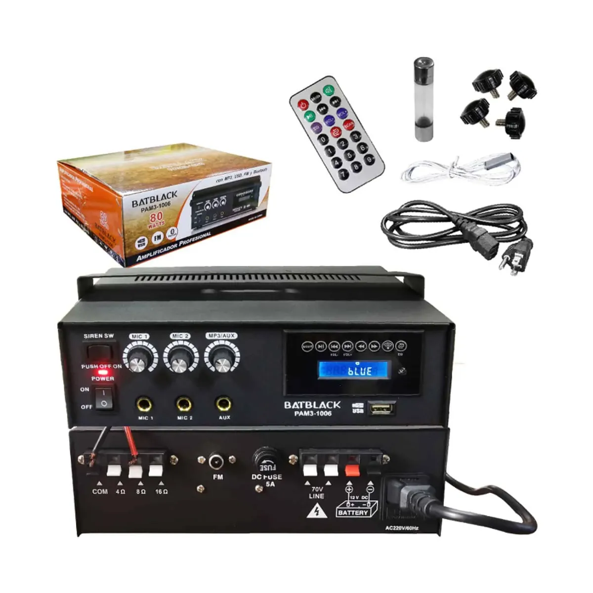 BATBLACK - Amplificador de audio 80W 2 canales de micrófono USB/FM/AUX/BLUETOOTH