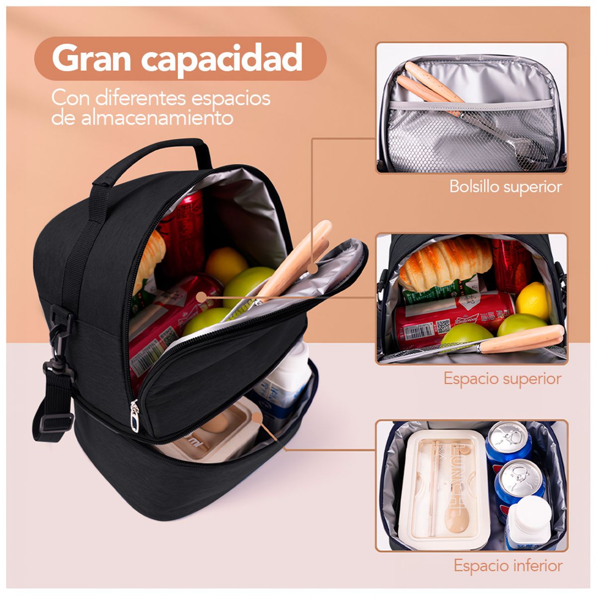 KELLER - Lonchera Térmica Doble Compartimento para Alimentos Negro I38