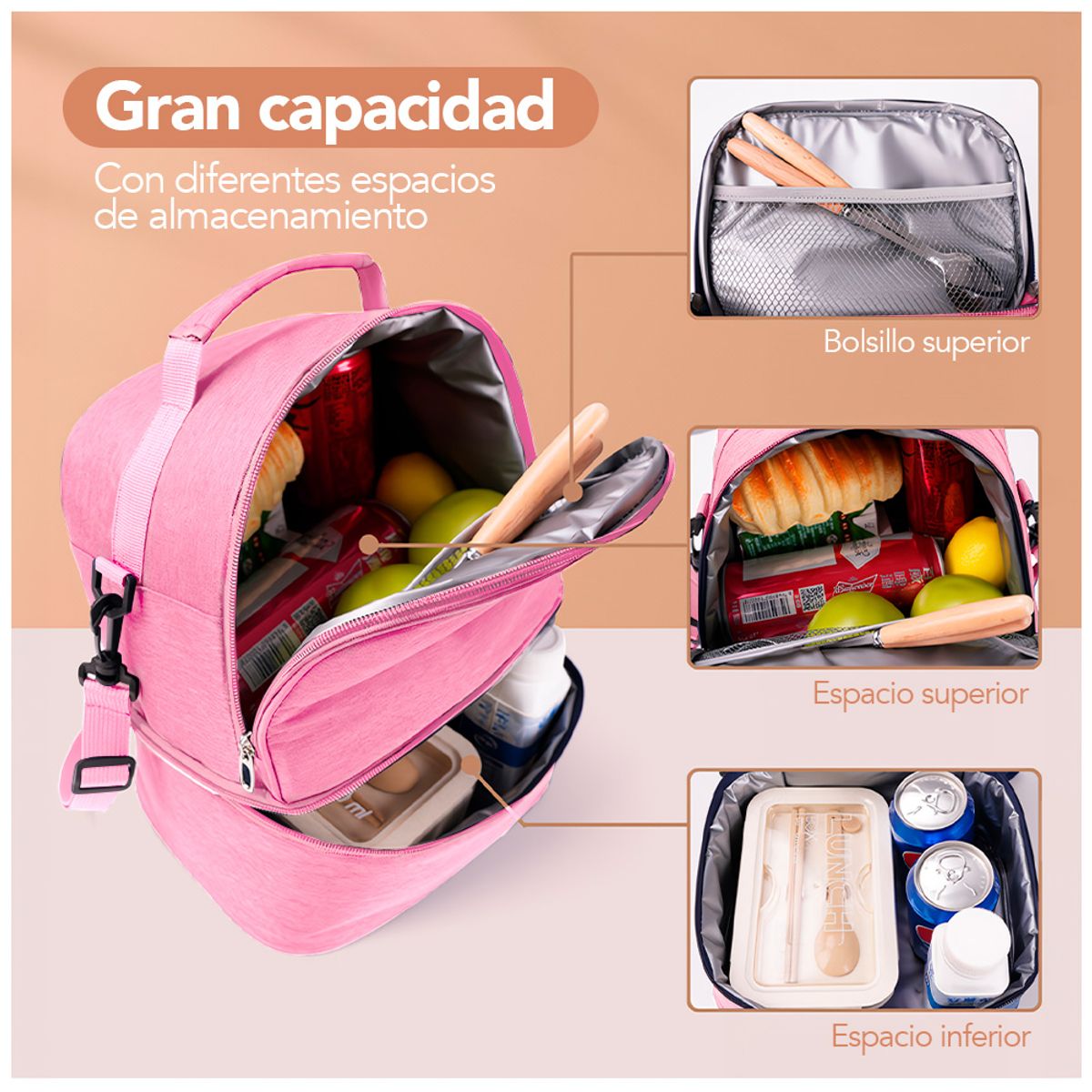 KELLER - Lonchera Térmica Doble Compartimento para Alimentos Rosado I38