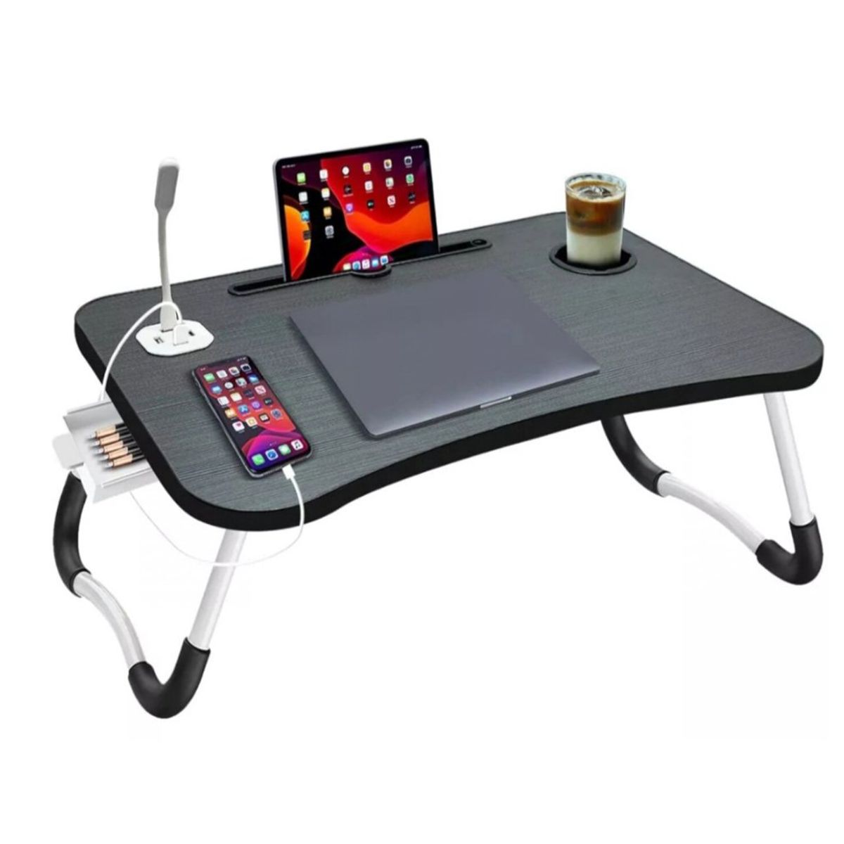 RISUTIMPORT - Mesa Plegable Lap Top Bandeja Portavasos Ventilador y luz USB NEGRO