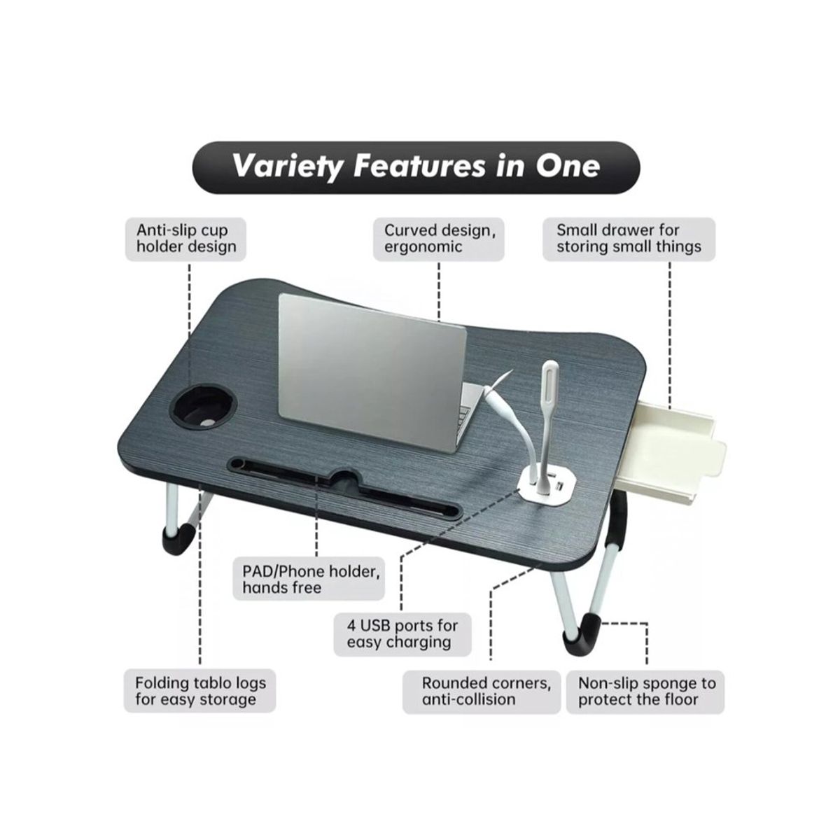 RISUTIMPORT - Mesa Plegable Lap Top Bandeja Portavasos Ventilador y luz USB NEGRO