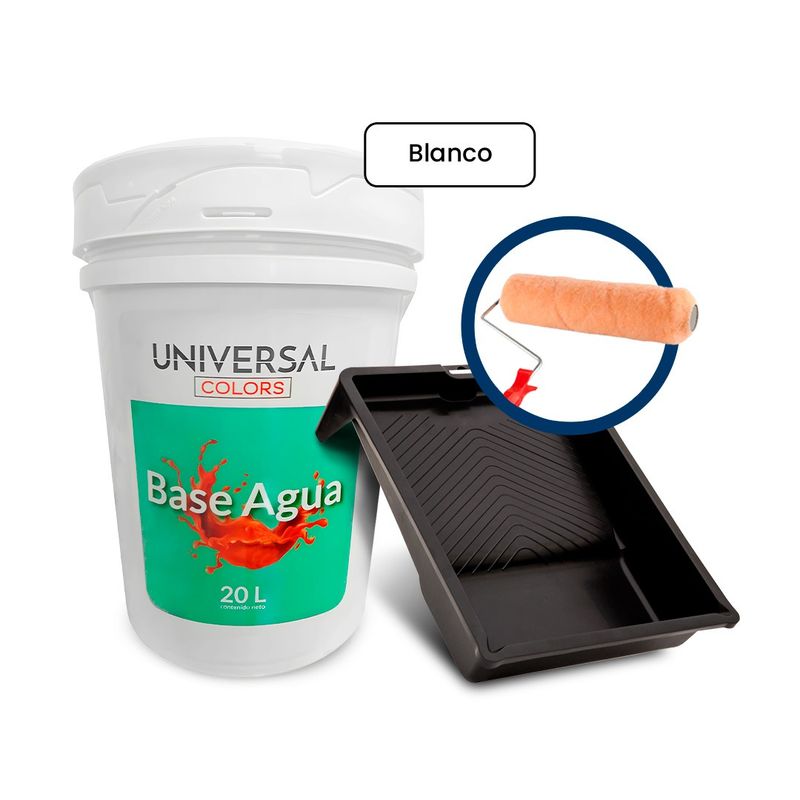 UNIVERSAL COLORS - Pintura Látex Acrílico Antihongos Universal Colors blanco mate 5gl + Rodillo 12 Toro +Bandeja