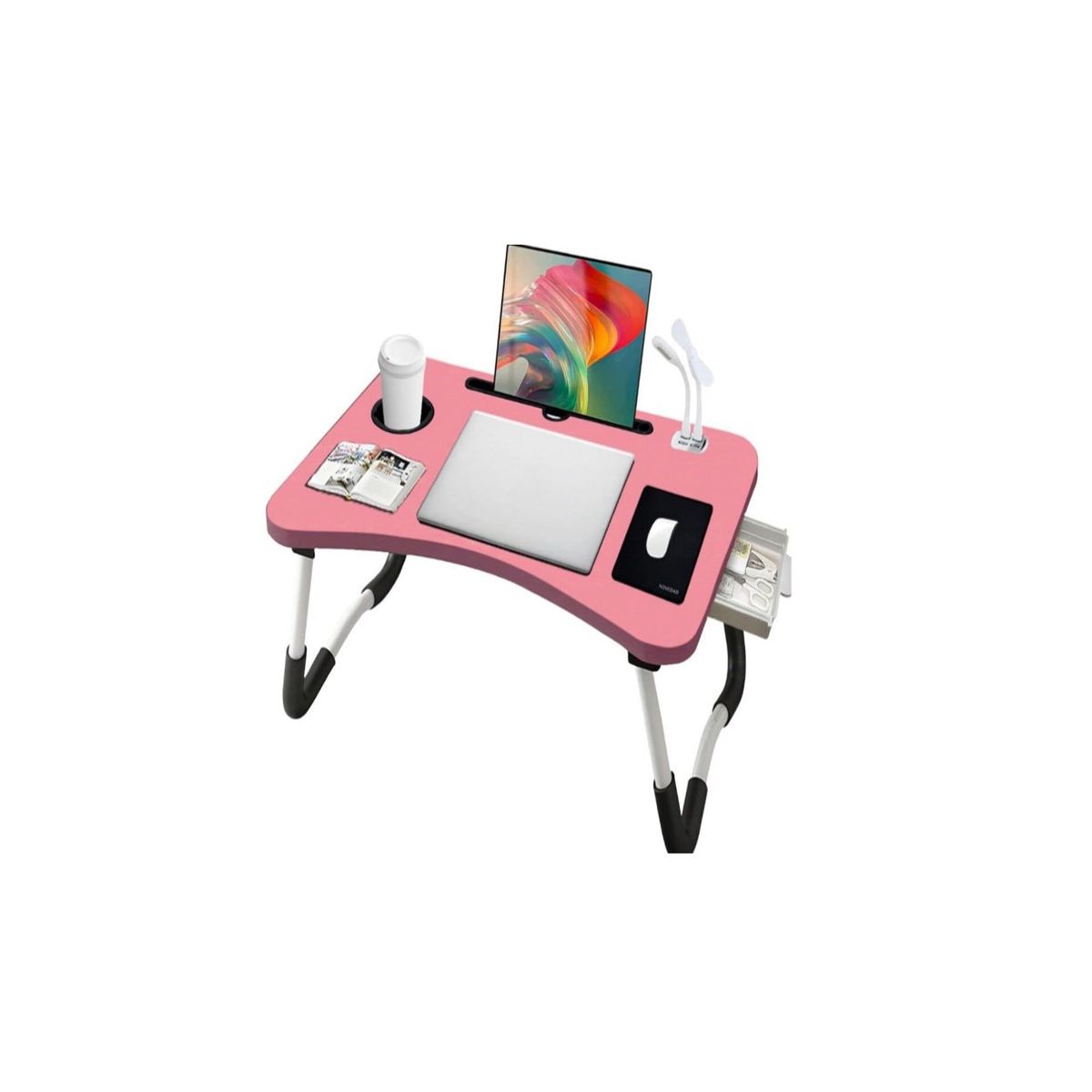 RISUTIMPORT - Mesa Plegable Lap Top Bandeja Portavasos Ventilador y luz USB ROSADO