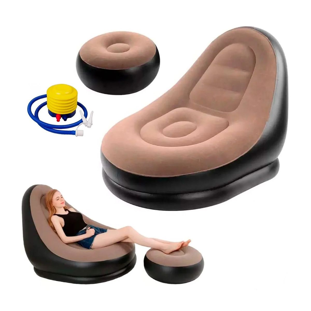 OEM - Puff Inflable con Posapiés Beige y Negro Sofá Sillón Inflador Incluido