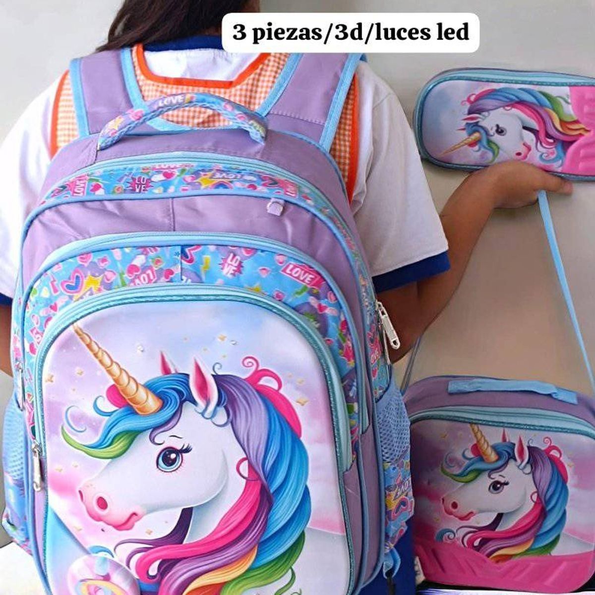 GENERICO - MOCHILA INFANTIL + LONCHERA + CARTUCHERA CON LUCES 3D CON RUEDAS