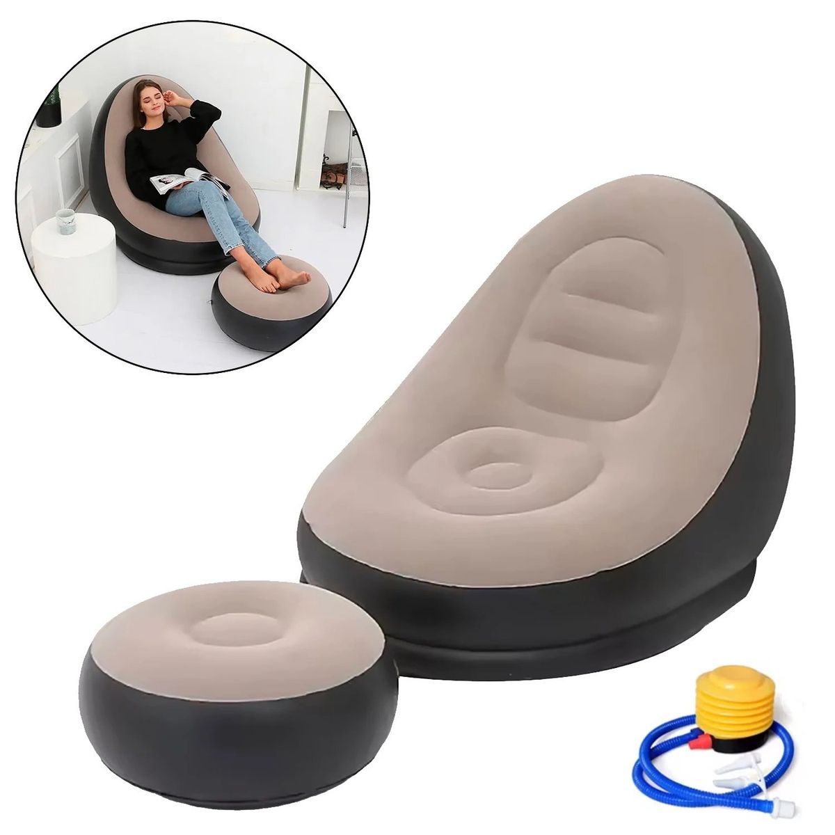 GENERICO - Sofá Sillón Inflable Puff con Posapiés Beige y Negro Inflador Incluido