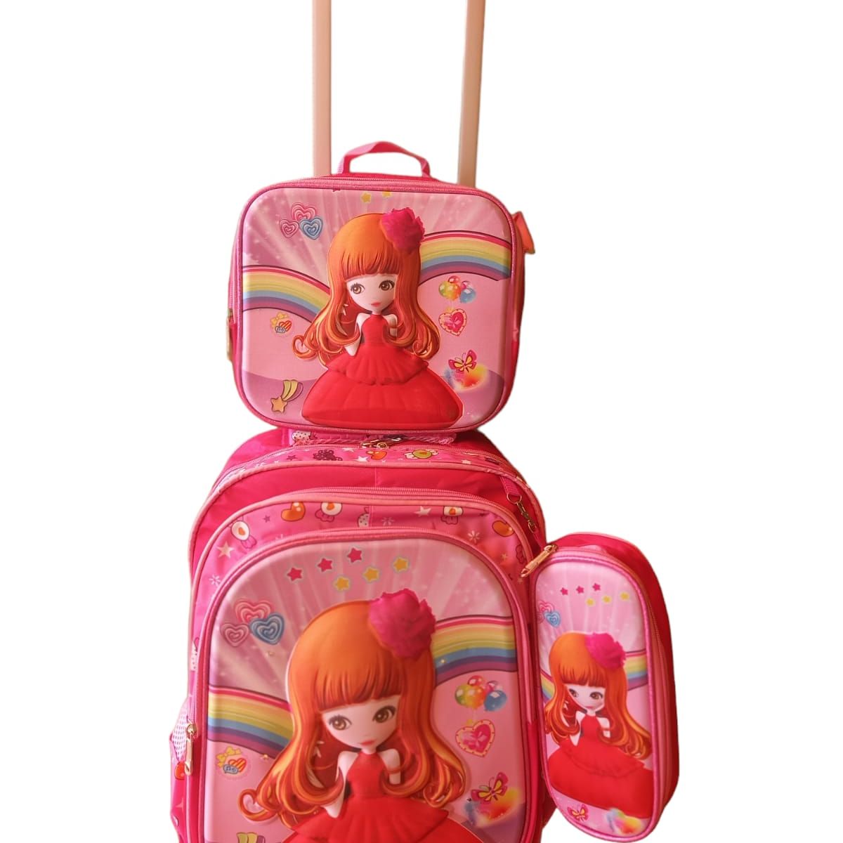 GENERICO - MOCHILA NIÑA + LONCHERA + CARTUCHERA CON LUCES 3D CON RUEDAS