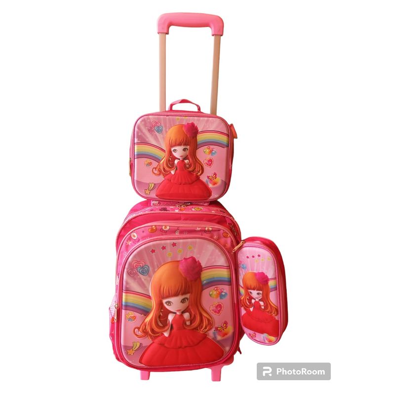 GENERICO - MOCHILA NIÑA + LONCHERA + CARTUCHERA CON LUCES 3D CON RUEDAS