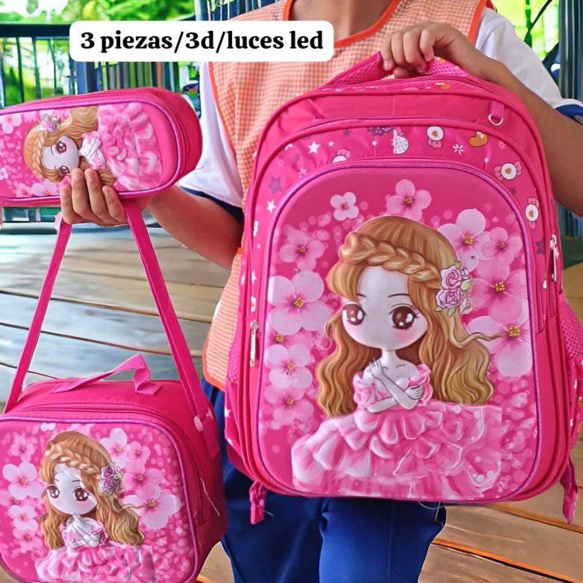 GENERICO - MOCHILA NIÑA + LONCHERA + CARTUCHERA CON LUCES 3D CON RUEDAS