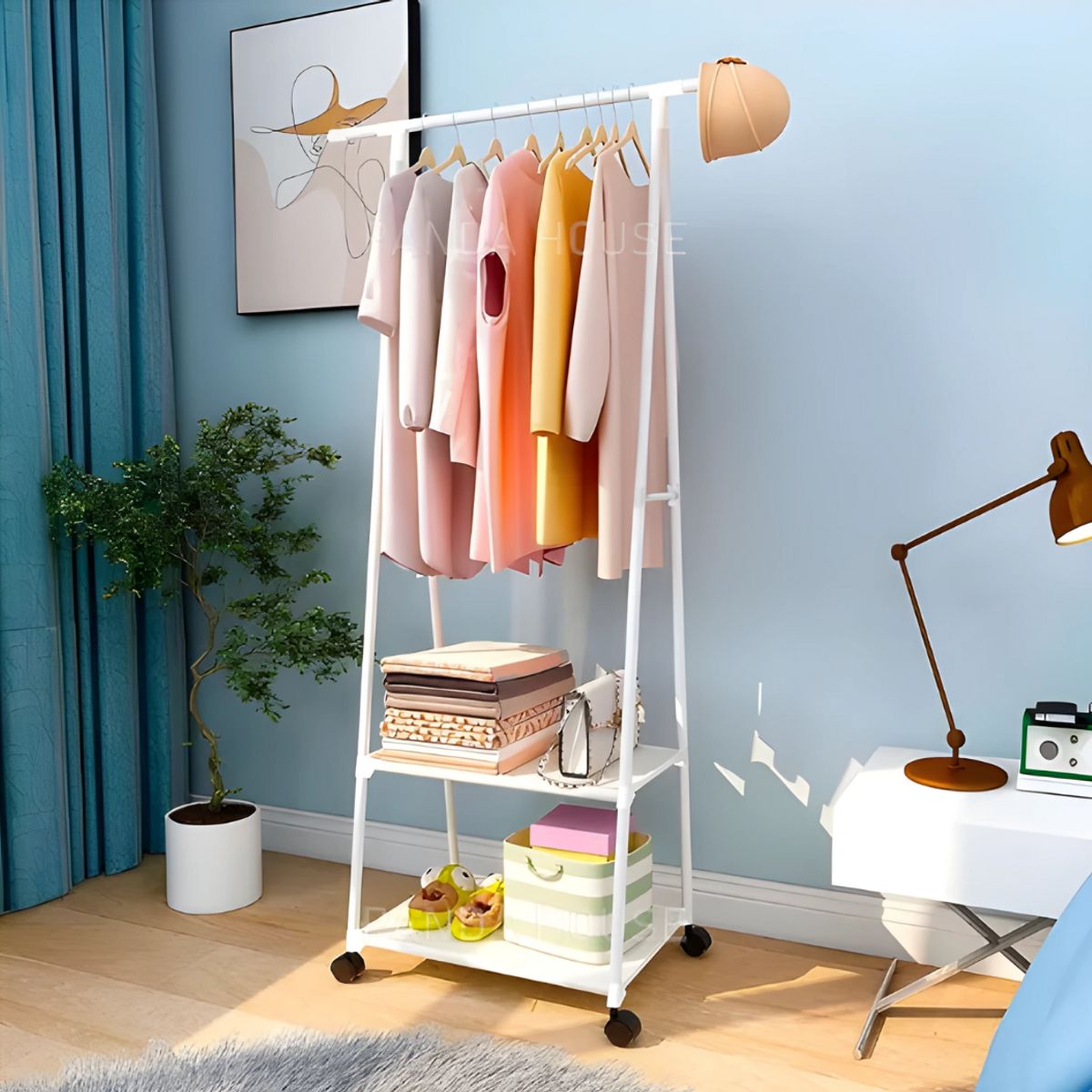 S/M - ESTANTE ORGANIZADOR COLGADOR PERCHERO DE ROPA CON RUEDAS BLANCO