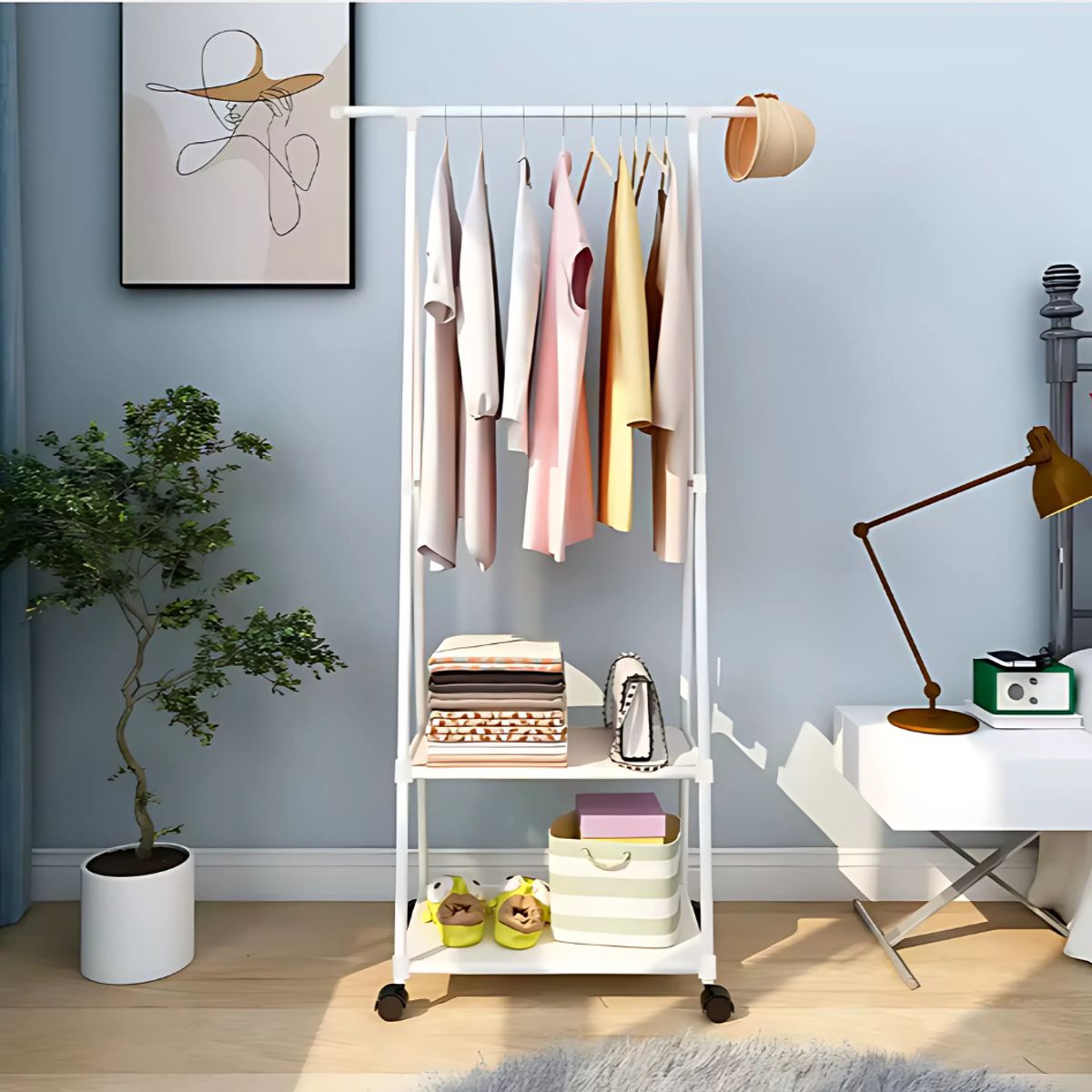 S/M - ESTANTE ORGANIZADOR COLGADOR PERCHERO DE ROPA CON RUEDAS BLANCO