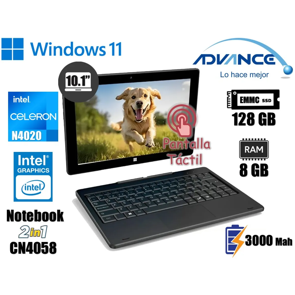 ADVANCE - NOTEBOOK ADVANCE 10.1 " CN4058 CELERON N4020 8GB 128GB 2 EN 1 WINDOWS 11 + BOLSO