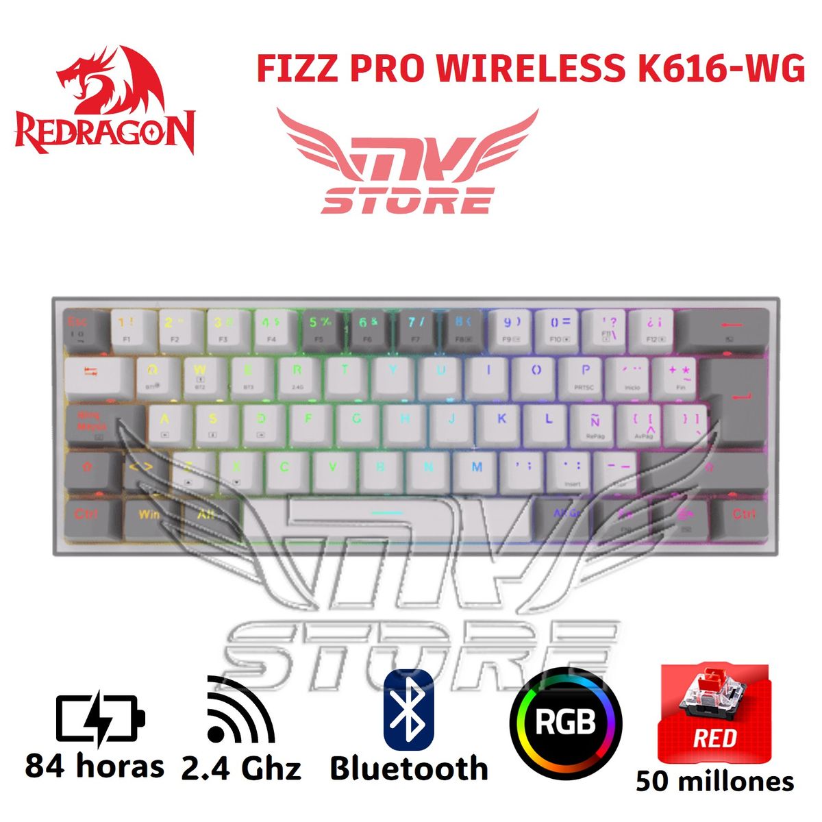 REDRAGON - Teclado Mecanico Inalambrico 60% Redragon Fizz Pro Blanco Gris K616 RGB