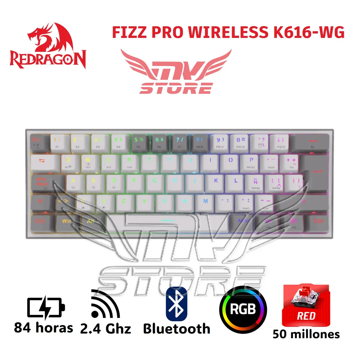 REDRAGON - Teclado Mecanico Inalambrico 60% Redragon Fizz Pro Blanco Gris K616 RGB