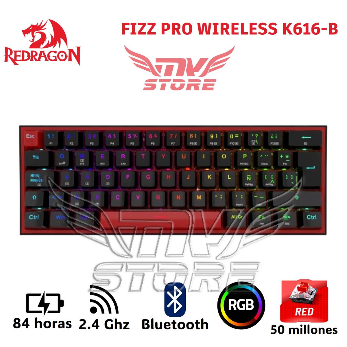 REDRAGON - Teclado Mecanico Inalambrico 60% Redragon Fizz Pro Negro K616 RGB