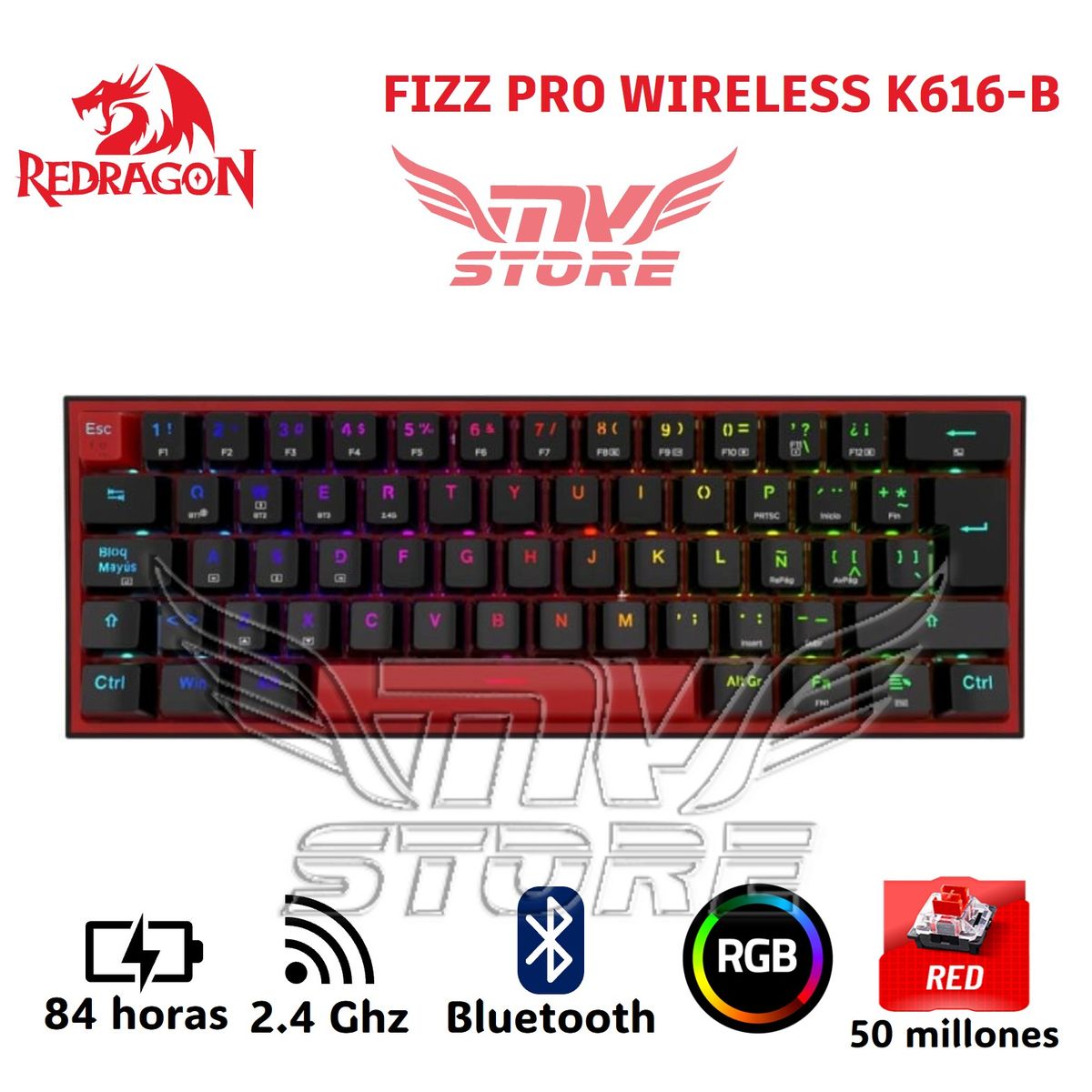 REDRAGON - Teclado Mecanico Inalambrico 60% Redragon Fizz Pro Negro K616 RGB