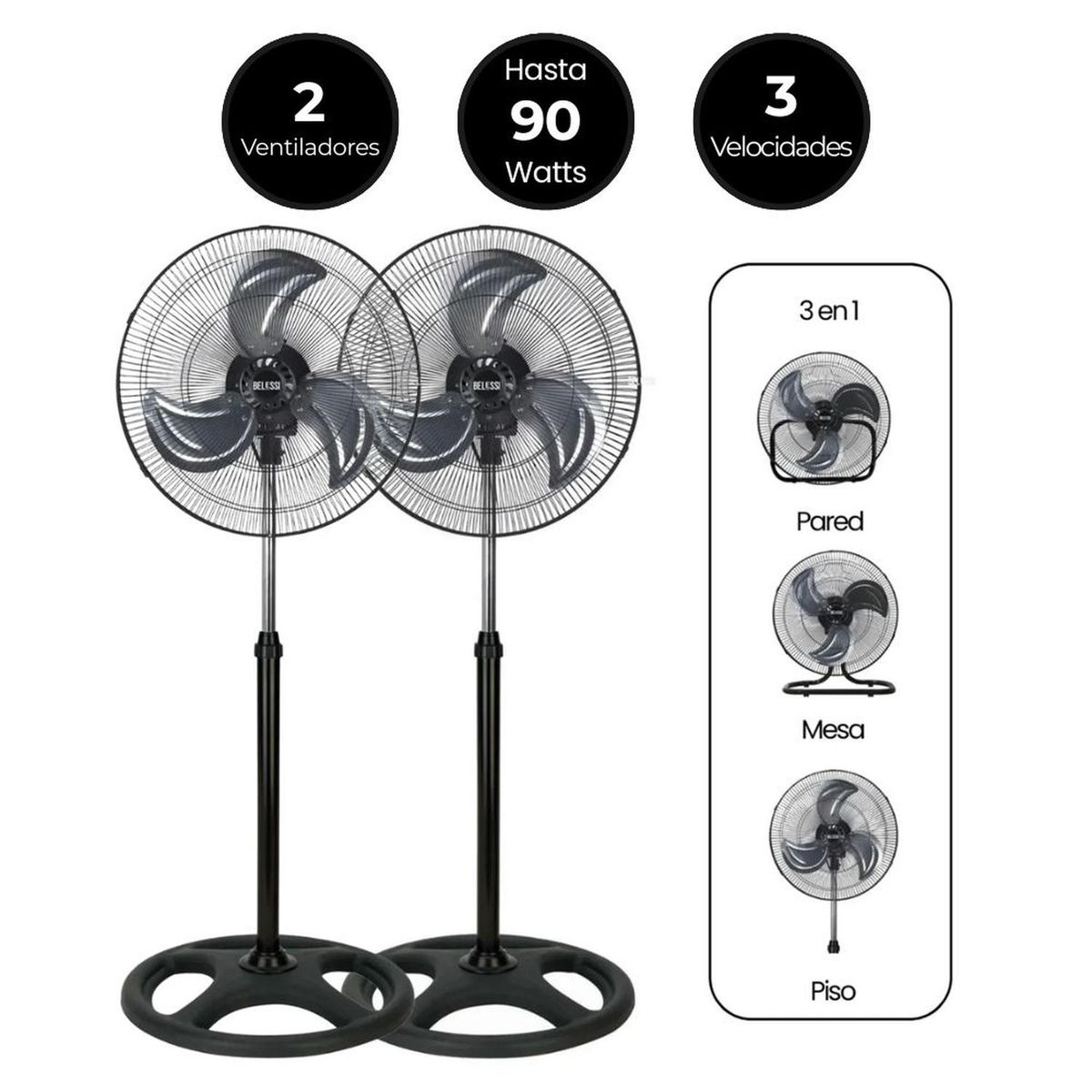 BELESSI - Set x2 Ventiladores 3 en 1 Industrial 18", 90W, 3 Velocidades