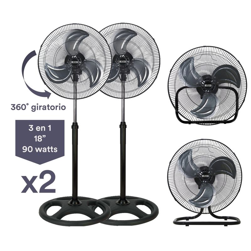 BELESSI - Set x2 Ventiladores 3 en 1 Industrial 18", 90W, 3 Velocidades