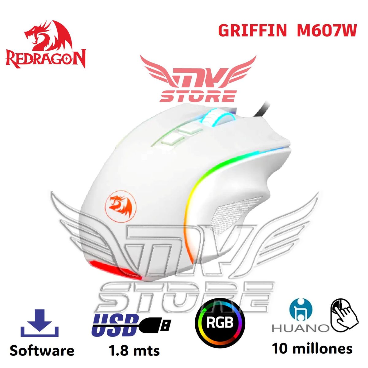REDRAGON - Mouse Gamer RGB Redragon Griffin Blanco M607W