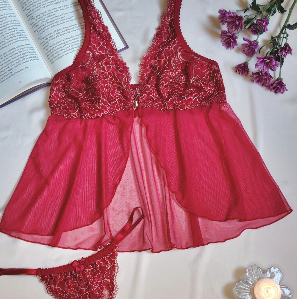 GENERICO - Babydoll Encaje y Tul Mujer Mayra Rojo Vino