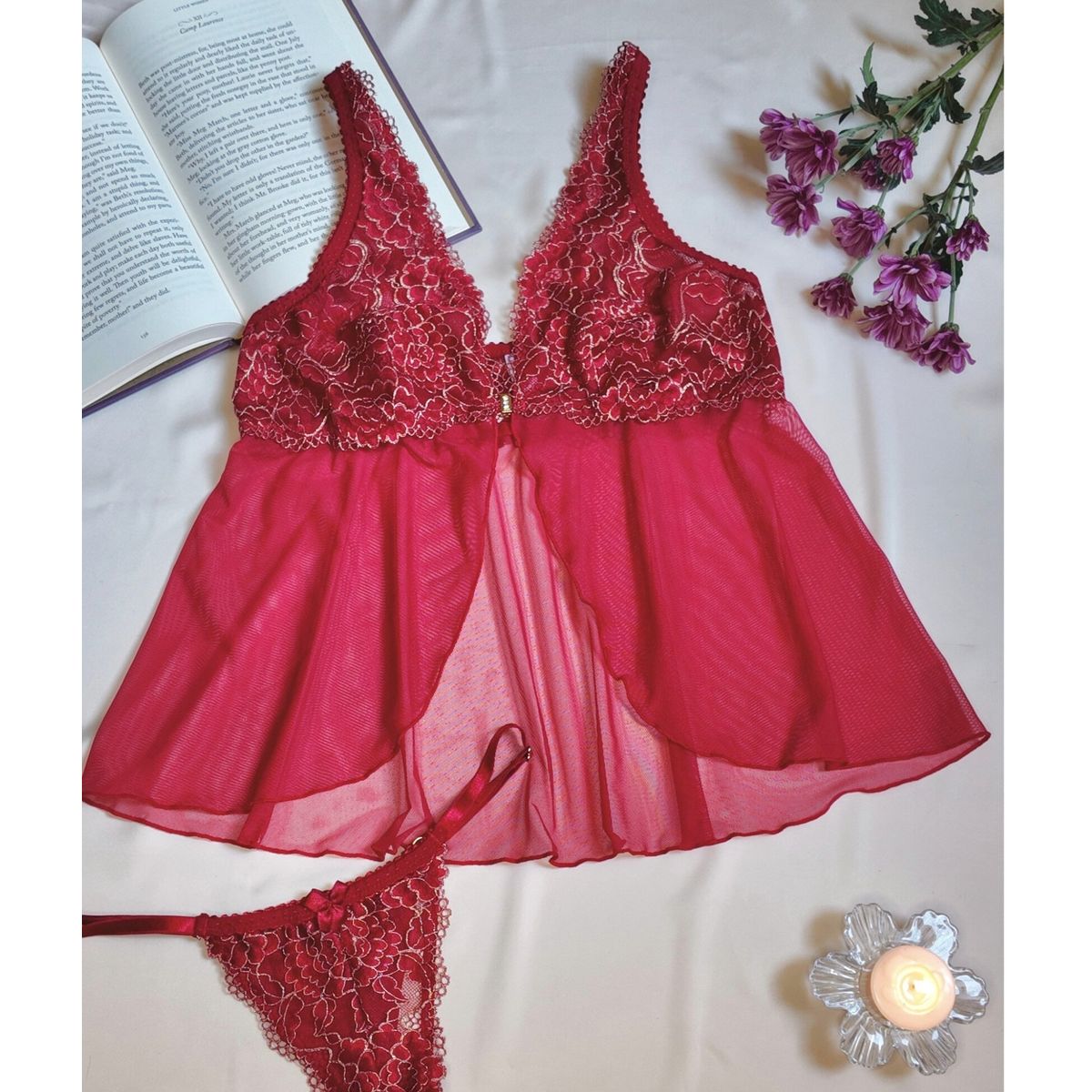 GENERICO - Babydoll Encaje y Tul Mujer Mayra Rojo Vino