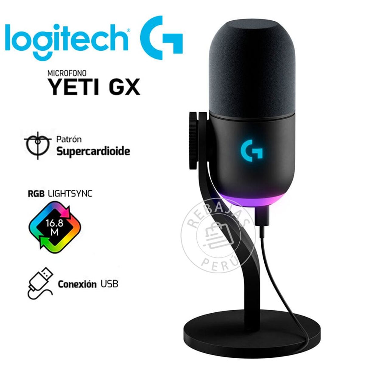 LOGITECH - Micrófono Logitech Yeti GX Supercardioide con RGB LIGHTSYNC