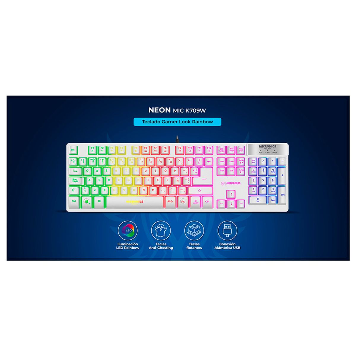 MICRONICS - Teclado Neon Blanco K709w Multimedia USB LED Micronics Blanco