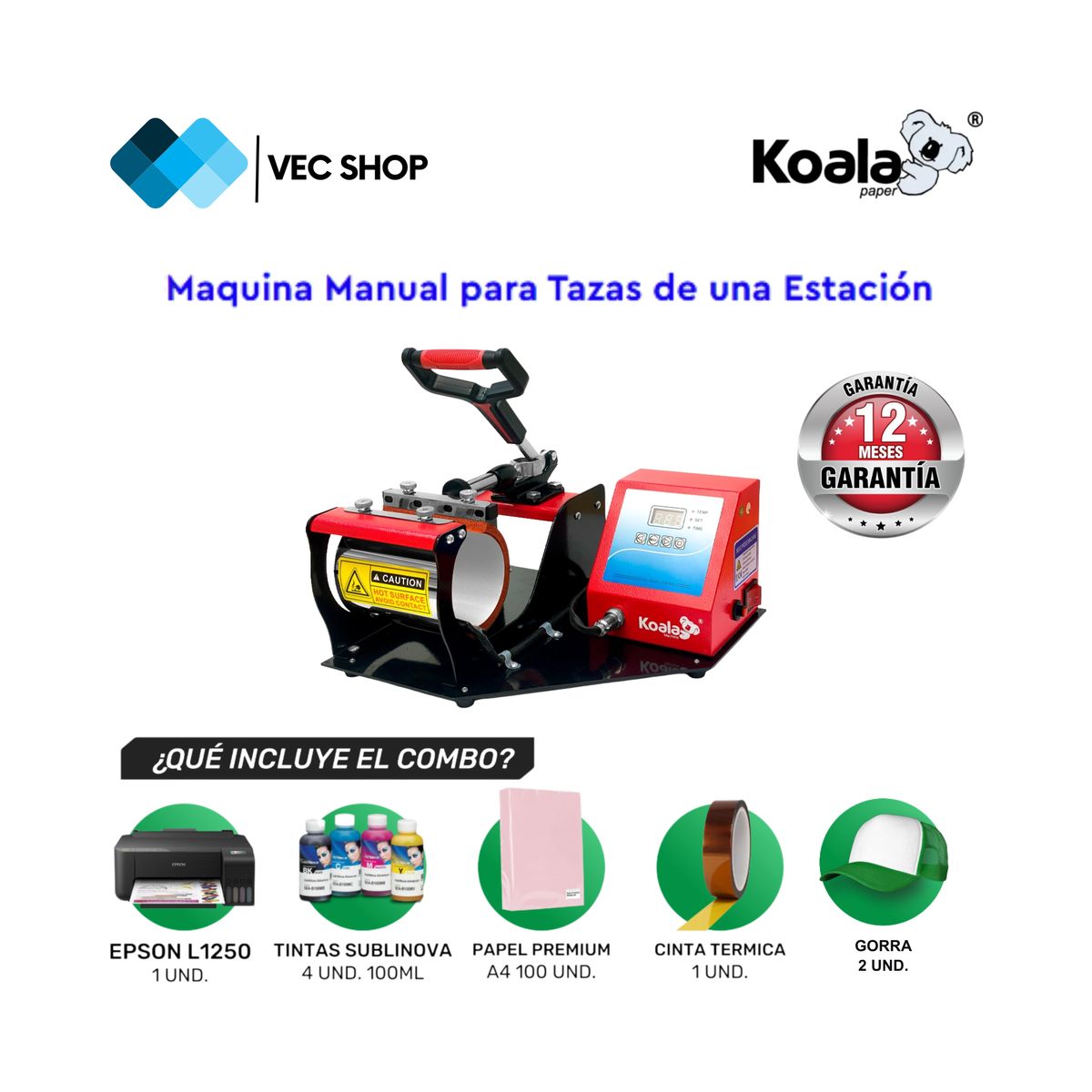 GENERICO - Máquina de Sublimación Manual para Tazas Sublimadora Koala + Combo