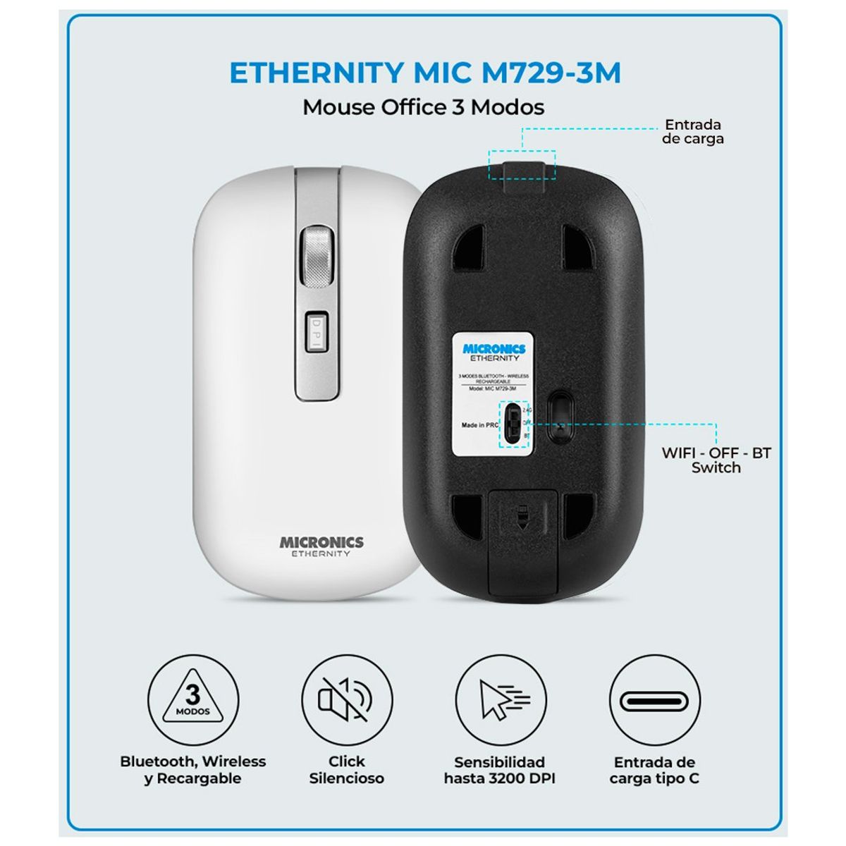 MICRONICS - Mouse Recargable Bluetooth Wireless Ethernity White M729-3M Micronics
