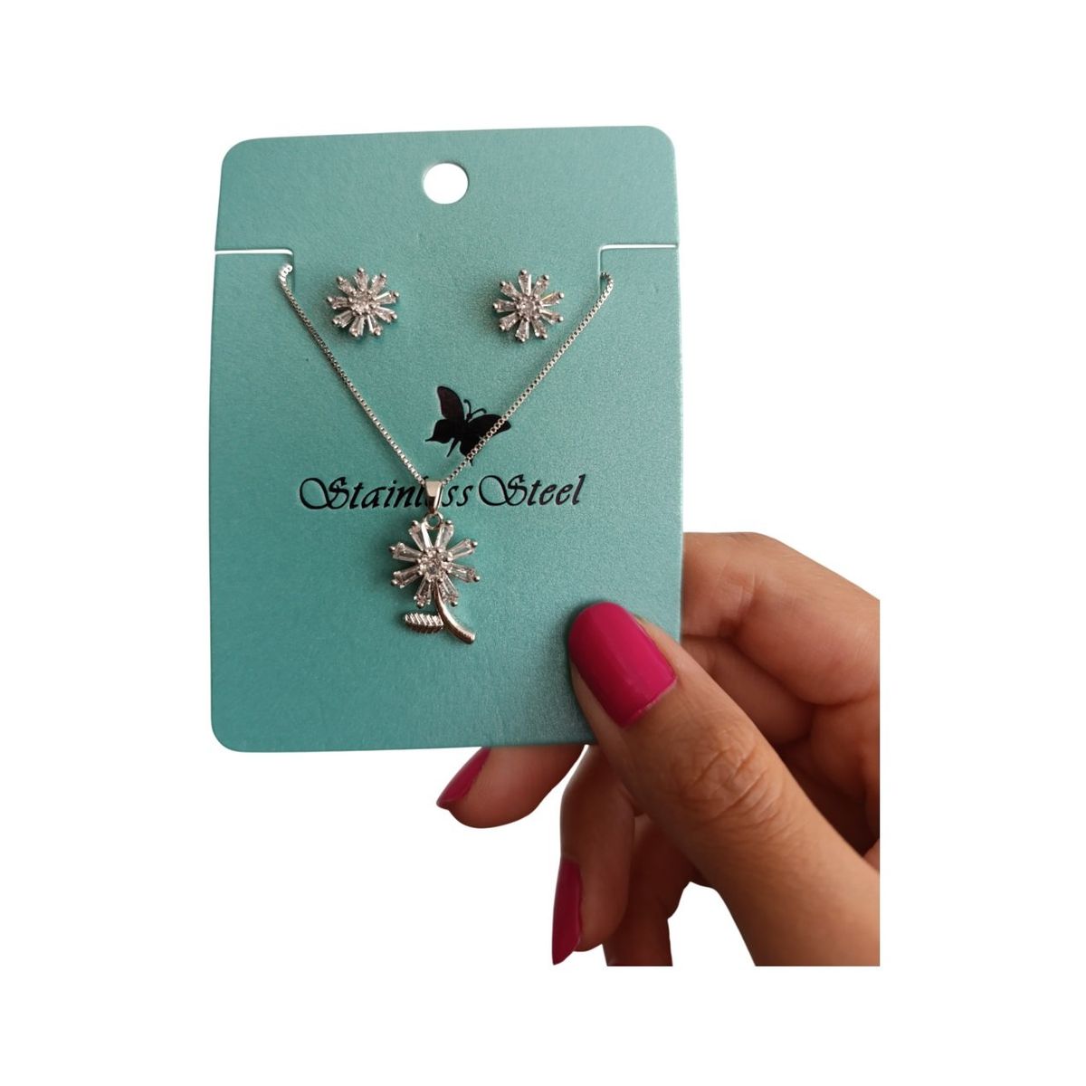 GENERICO - Set collar y aretes flor plateado regalo San Valentín