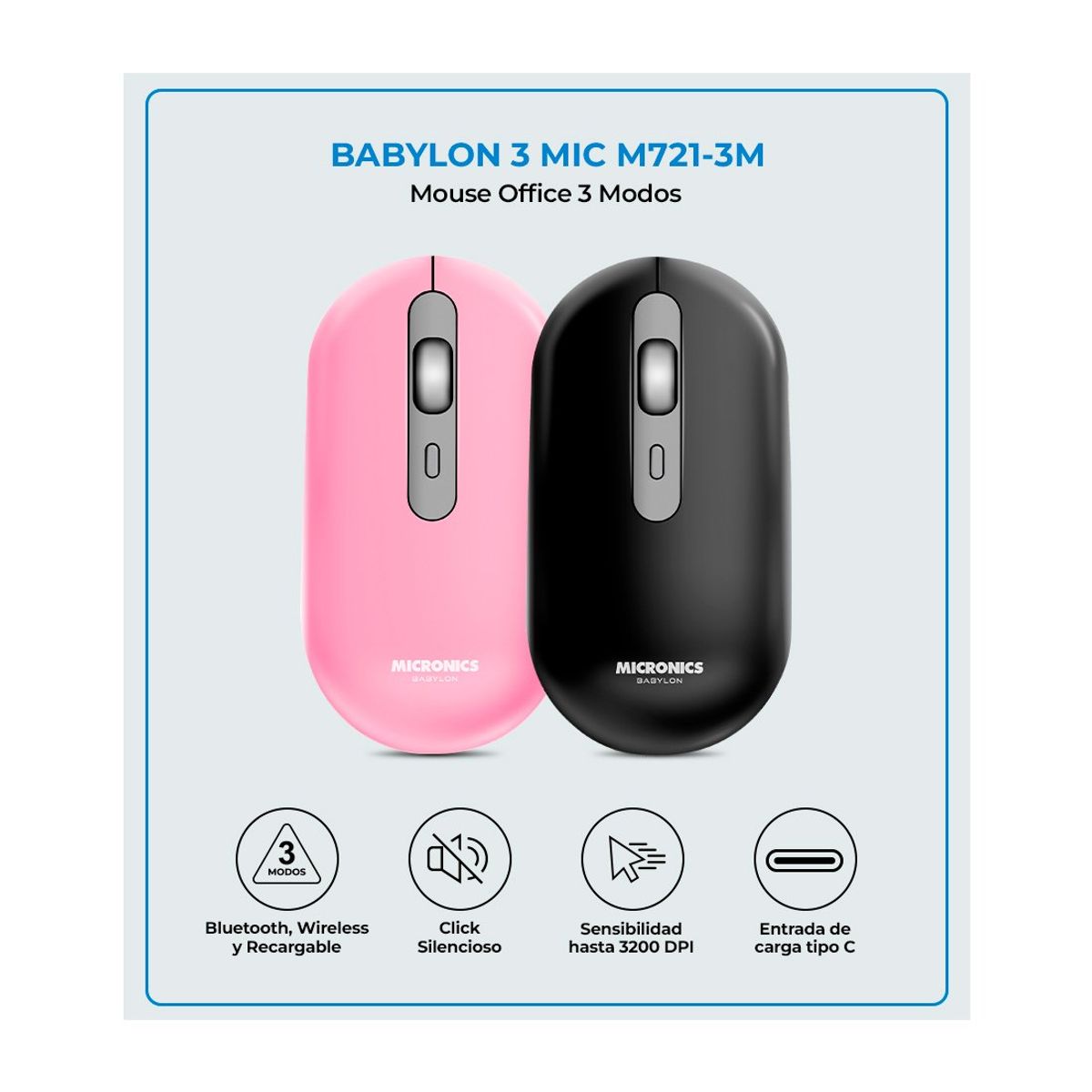 MICRONICS - Mouse Recargable Bluetooth + Wireless Babylon Black M721-3m Micronics