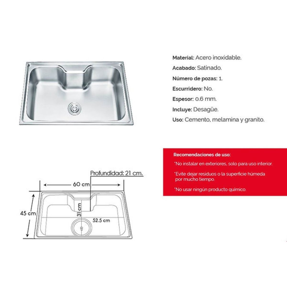GENERICO - Lavadero de Cocina 60cm x 45cm XM Acero Inoxidable 304