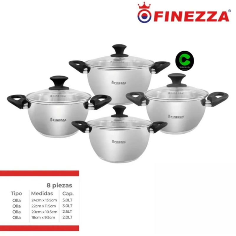 FINEZZA - Juego de ollas de acero de 8 pzs. (FZ-1060X-IN)