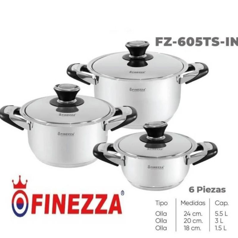 FINEZZA - Juego de ollas de acero de 6 pzs. (FZ-605TS-IN)