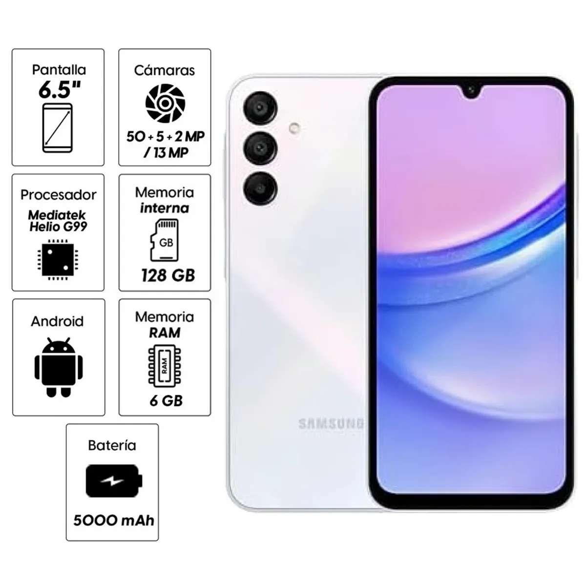 SAMSUNG - Celular Samsung Galaxy A15 128GB 6GB ram 50MP frontal 13MP 6,5 Pulg Light Blue