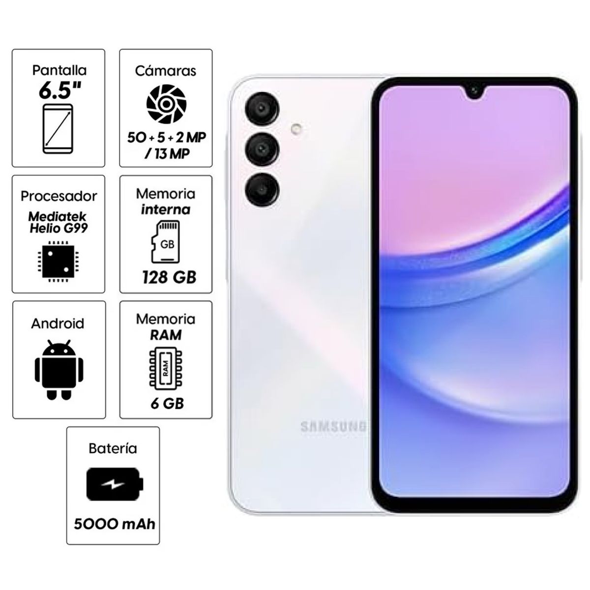 SAMSUNG - Celular Samsung Galaxy A15 128GB 6GB ram 50MP frontal 13MP 6,5 Pulg Light Blue