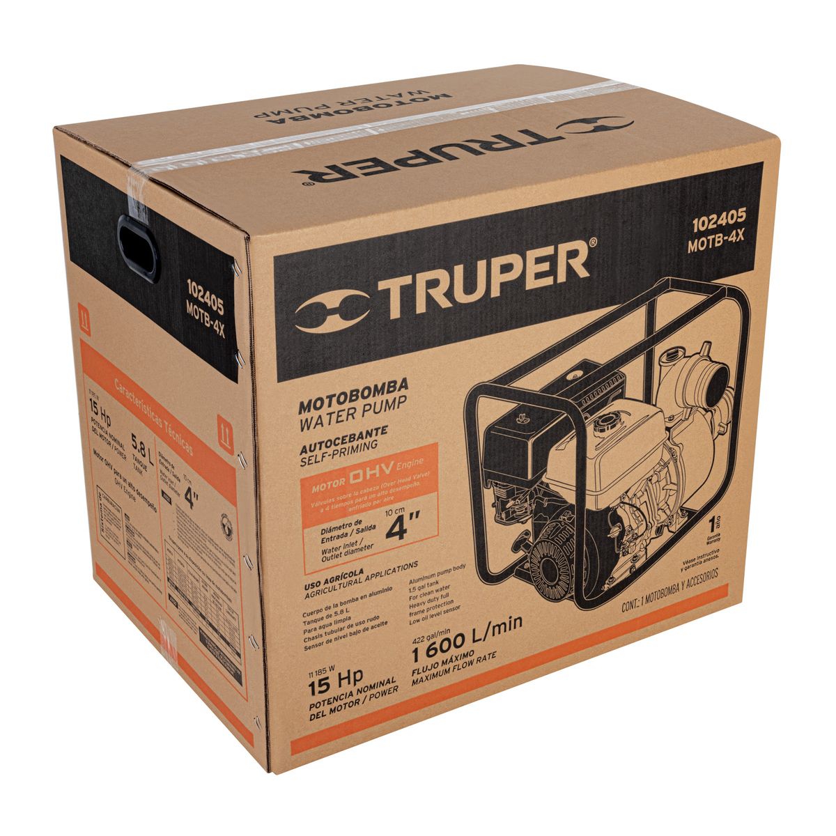 TRUPER - Motobomba autocebante 4x4 gasolina 15HP agrícola TRUPER