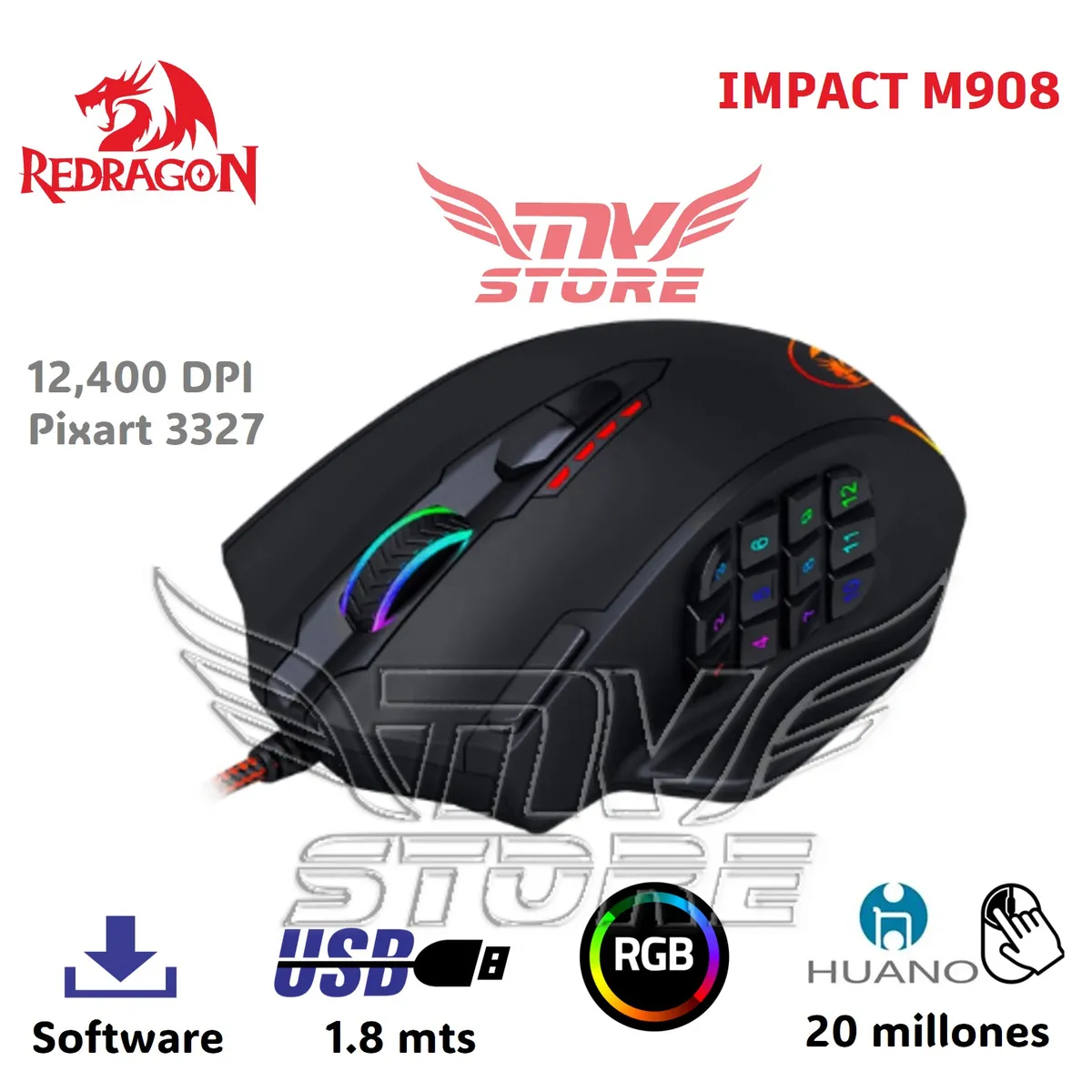 REDRAGON - Mouse Gamer RGB Redragon Impact Negro M908