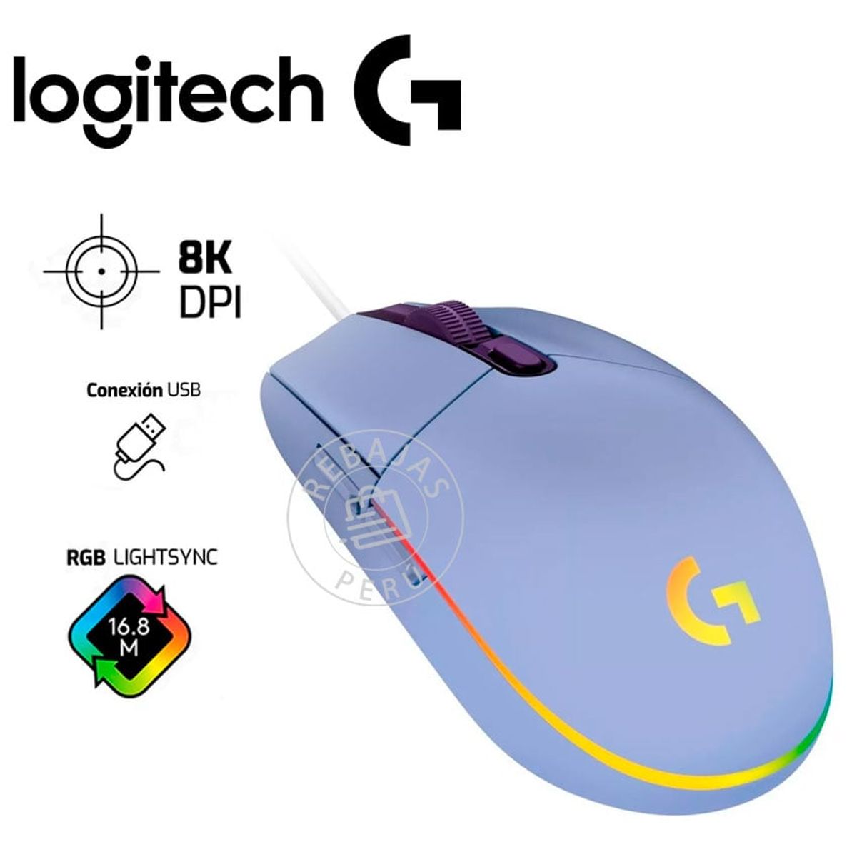 LOGITECH - Logitech G203 LIGHTSYNC Mouse Gaming 8000 DPI RGB Sensor Óptico Lila