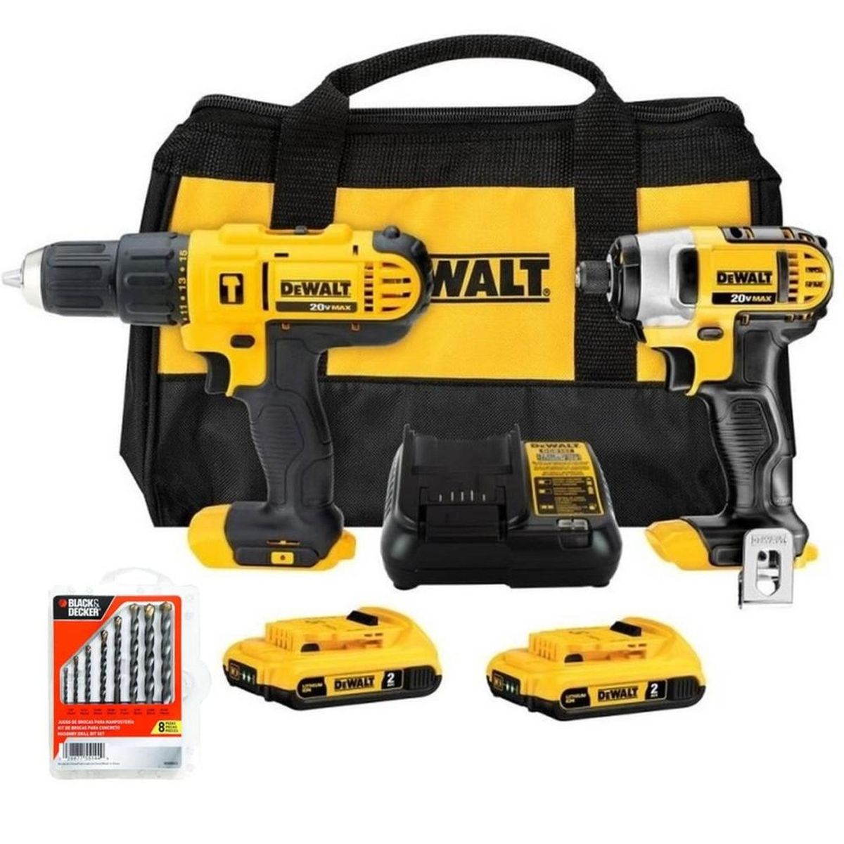 DEWALT - Taladro Perc 1/2" + Ator de Impacto 1/4" 20V + Set de Brocas Dewalt DCK222D2-K3