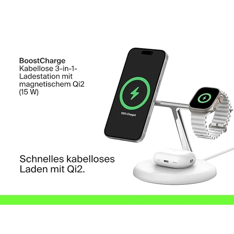 BELKIN - Soporte de carga inalámbrica magnético 3 en 1 con Qi2 de 15 W Blanco